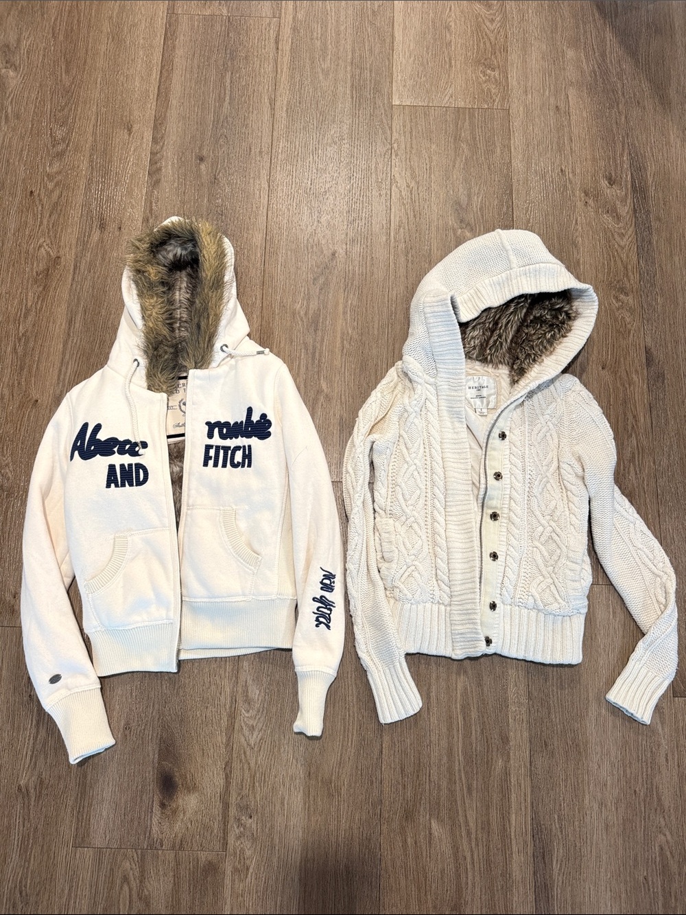 Abercrombie & Fitch Girls' Cream White Hooded Zip Puffer with Faux-Fur Trim